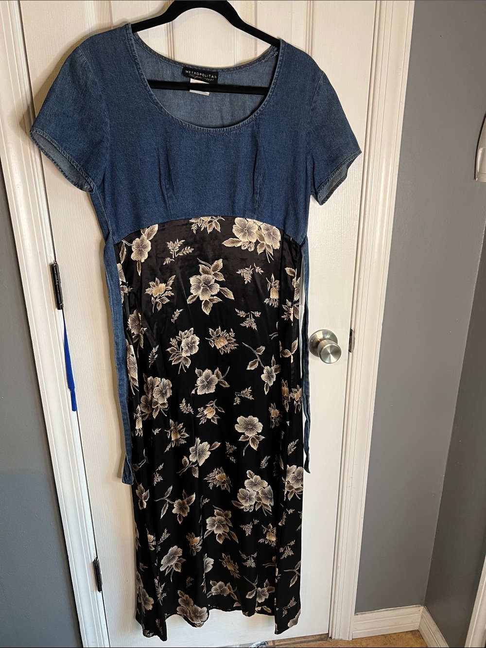 Vintage 90’s Blue Denim-Style Top Black Floral Midi Dress